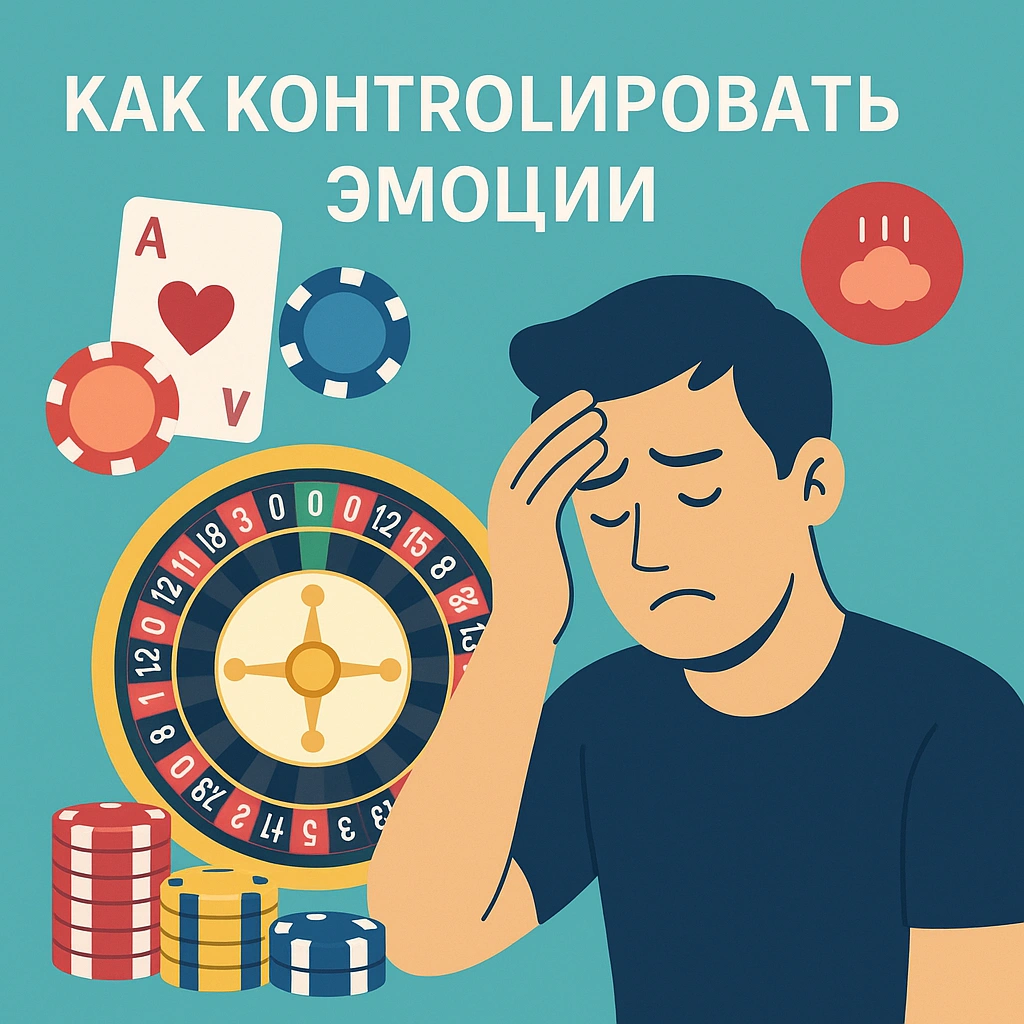 Контроль эмоций в азартных играх — расстроенный игрок на фоне рулетки и фишек